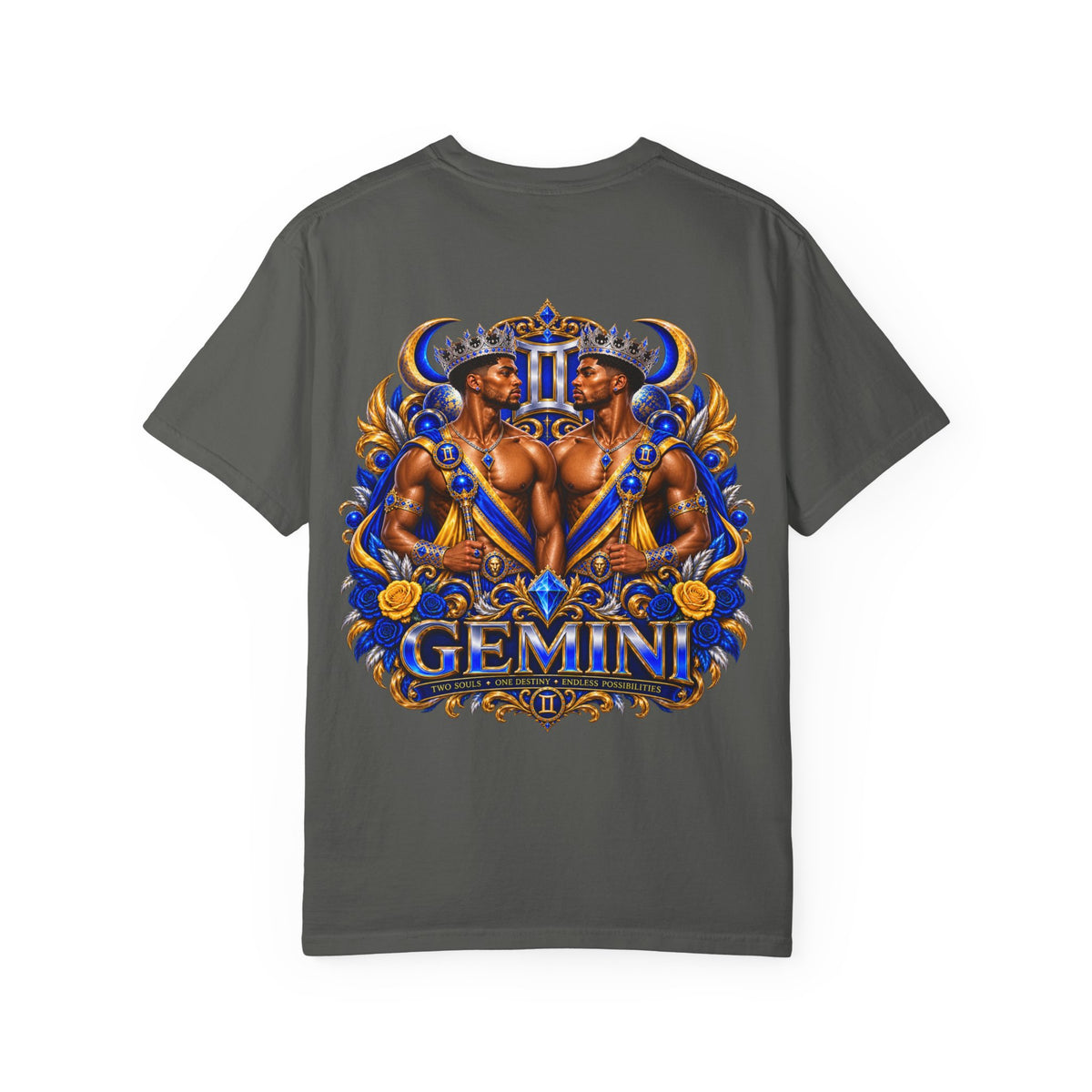 Gemini Zodiac T-Shirt — Bold Blue & Gold Twin Portrait Tee