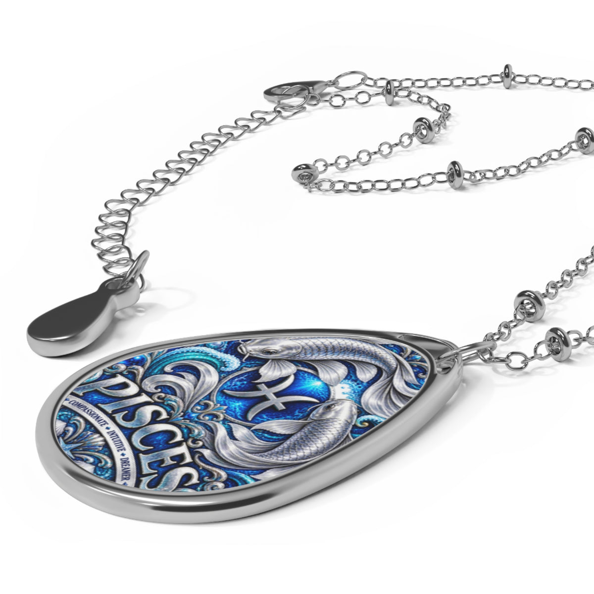 Pisces Oval Zodiac Necklace — Silver Teardrop Pendant with Pisces Artwork