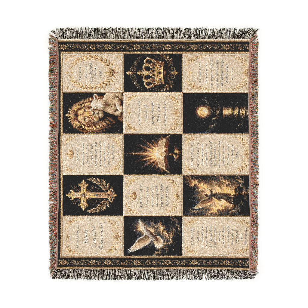 Religious Prayer Patchwork Woven Blanket – Inspirational Scripture & Faith Symbols Throw