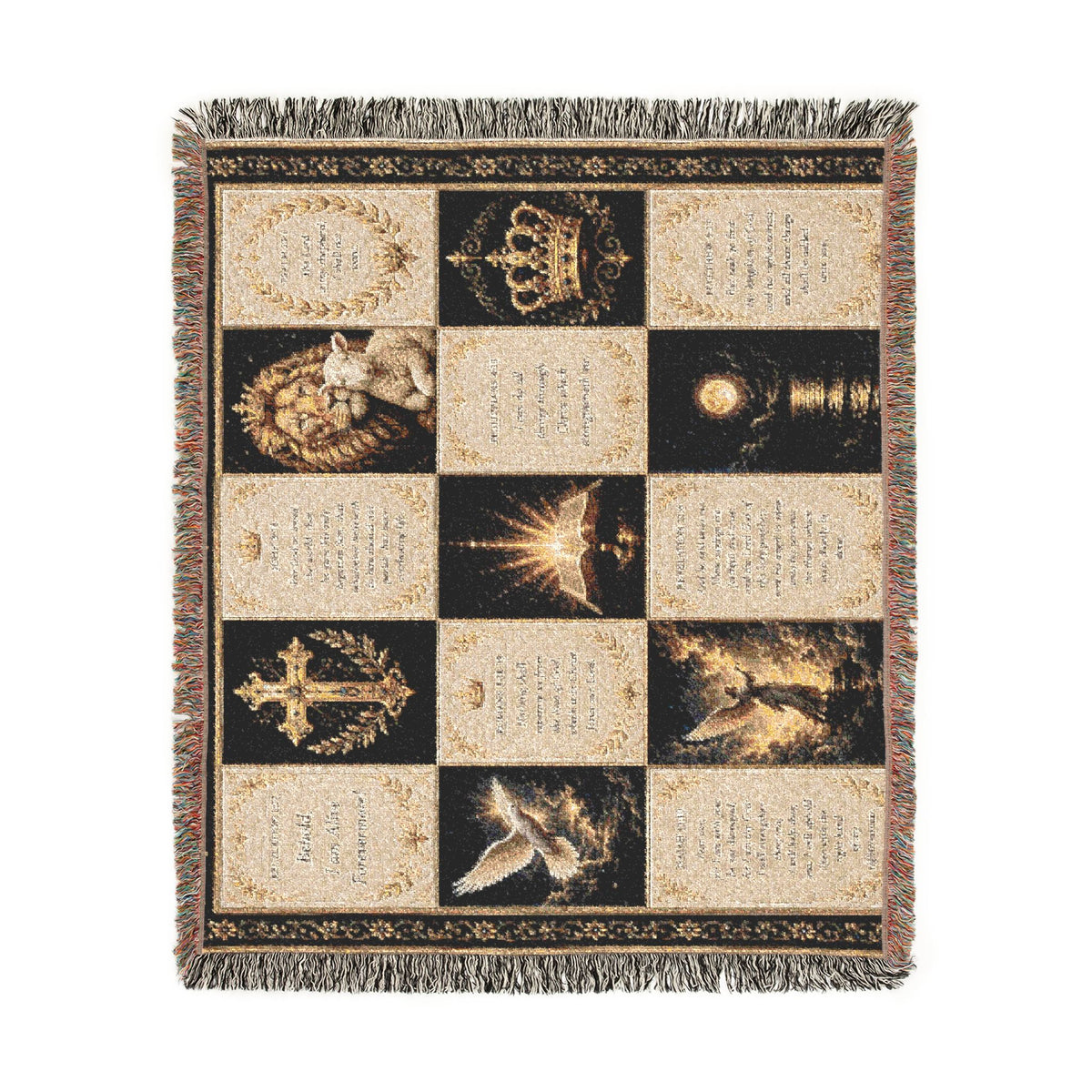 Religious Prayer Patchwork Woven Blanket – Inspirational Scripture & Faith Symbols Throw