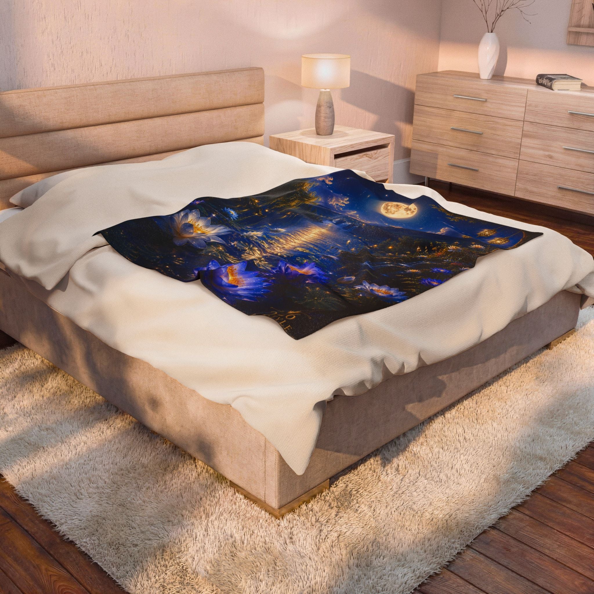 Velveteen Plush Blanket — Moonlit Lotus Lake Throw