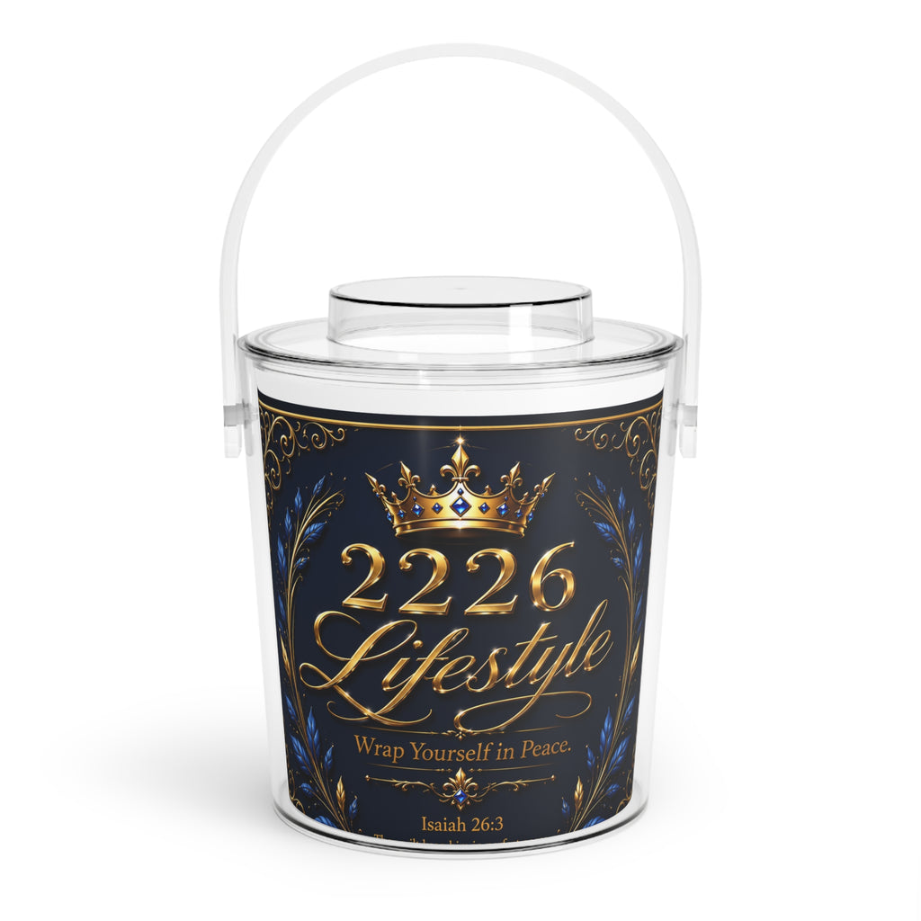 Ice Bucket - "2226 Lifestyle" Decorative Acrylic Ice Bucket with Tongs, Crown & Isaiah 26:3 Inspirational Bar Cooler