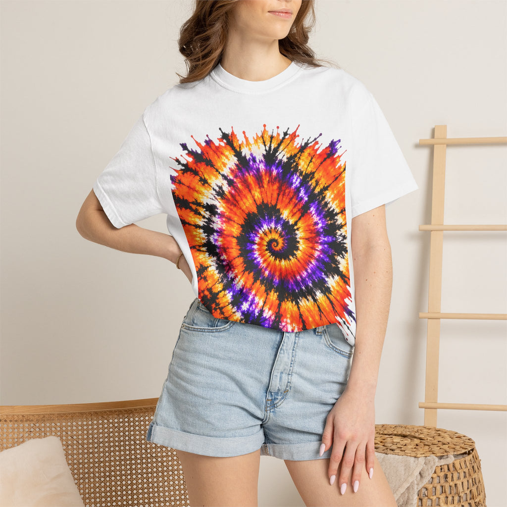 Tie-Dye Spiral T-Shirt — Orange Purple Psychedelic Graphic Tee