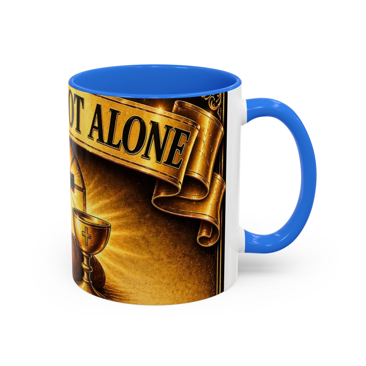 You Are Not Alone Christian Mug — Communion Cross & Bread Chalice Coffee Cup