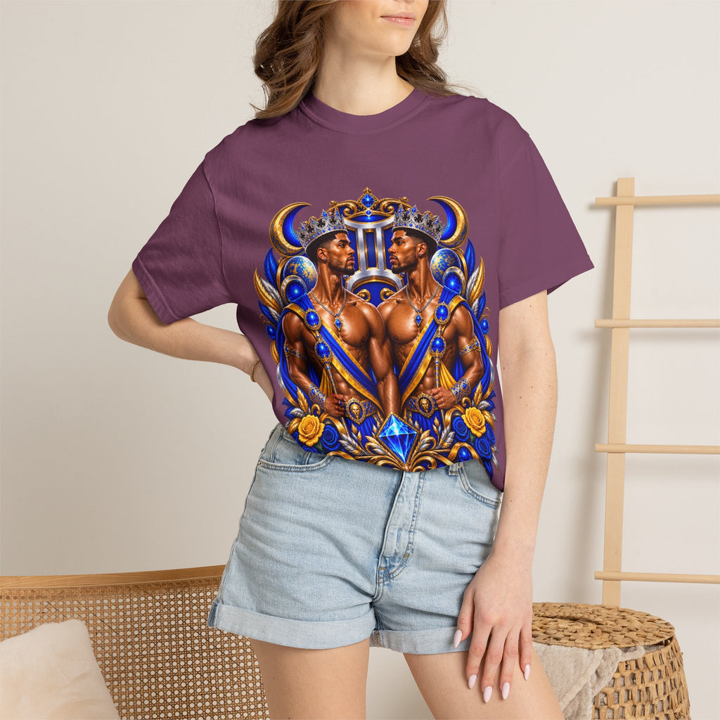 Gemini Zodiac T-Shirt — Bold Blue & Gold Twin Portrait Tee