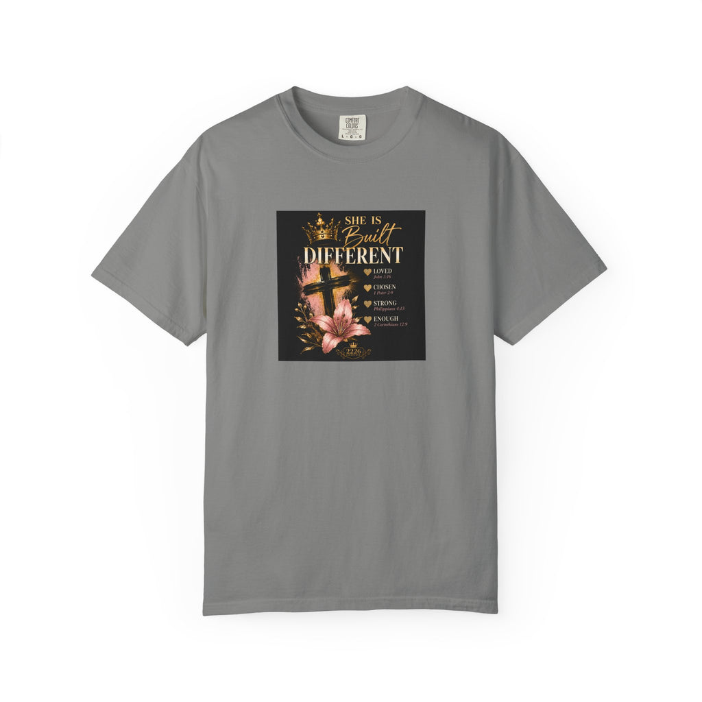 Christian Faith T-Shirt — "She Is Built Different" Floral Cross Tee
