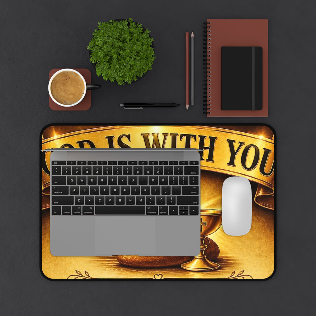 God Is With You Desk Mat — Inspirational Christian Desk Pad with Cross, Bread & Chalice