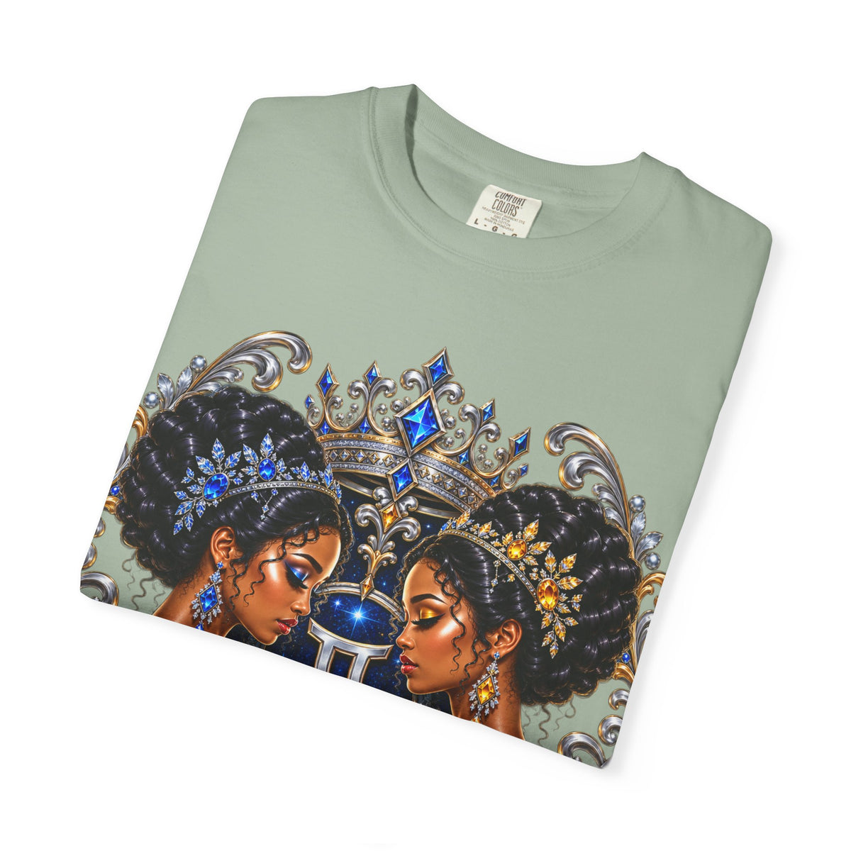 Gemini Zodiac Twin Queens T-Shirt — Elegant Blue & Gold Astrology Tee
