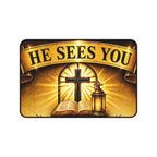 He Sees You Christian Desk Mat — Cross, Bible & Lantern Faith Mouse Pad