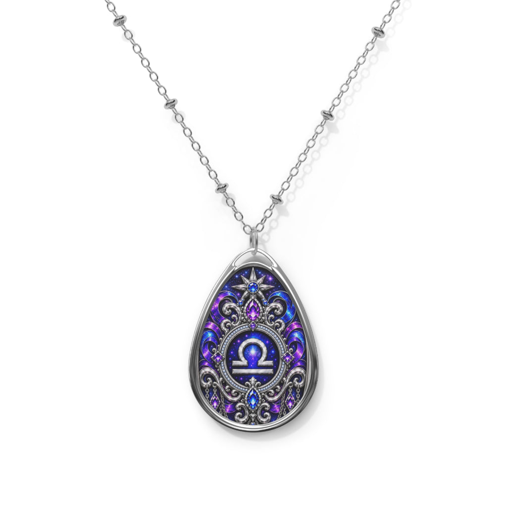 Libra Zodiac Oval Necklace — Purple Enamel Astrology Pendant