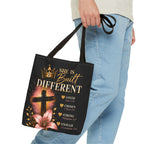 She Is Built Different Christian Tote Bag – Inspirational Faith Cross Design