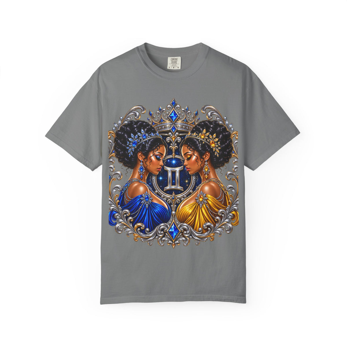 Gemini Zodiac Twin Queens T-Shirt — Elegant Blue & Gold Astrology Tee