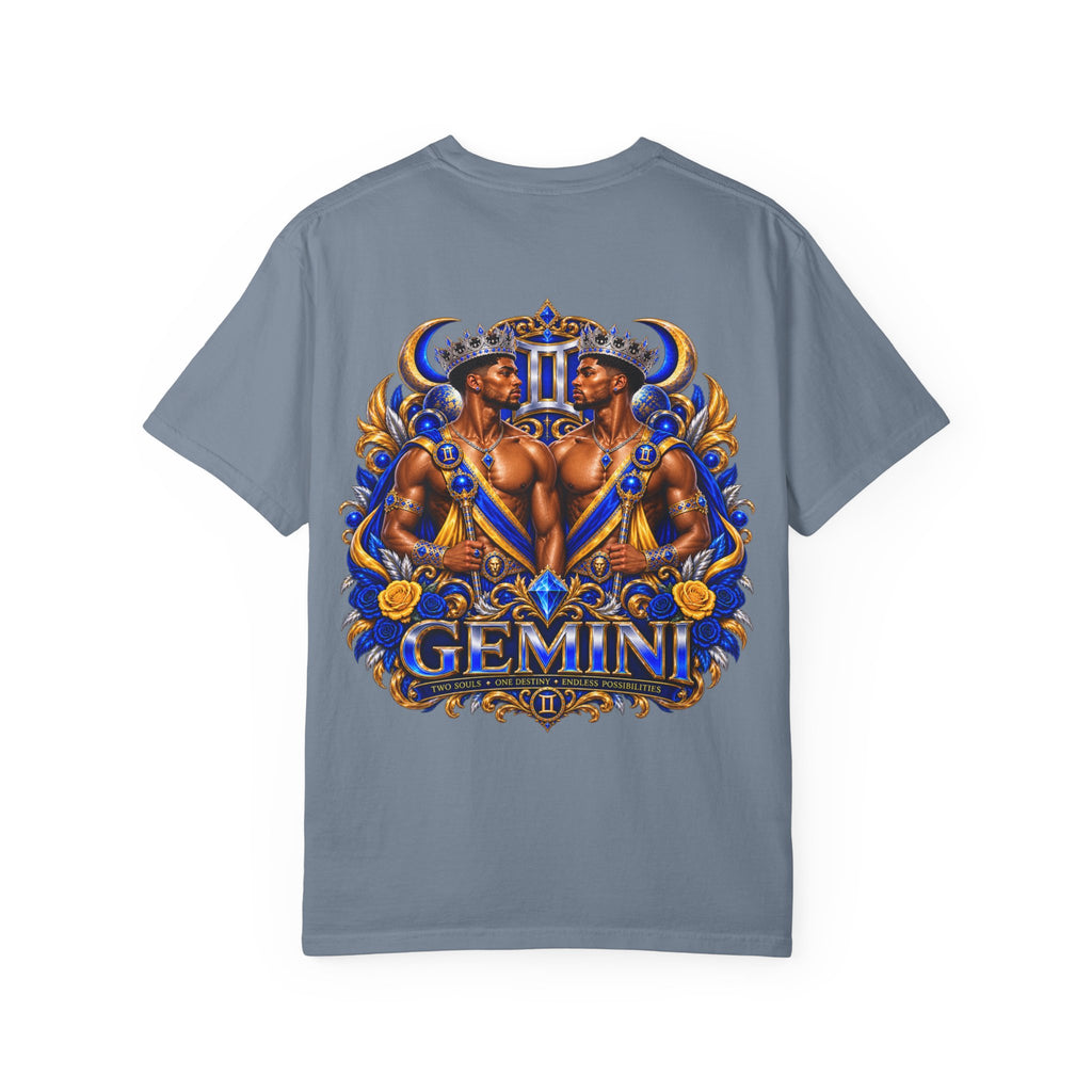 Gemini Zodiac T-Shirt — Bold Blue & Gold Twin Portrait Tee