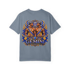 Gemini Zodiac T-Shirt — Bold Blue & Gold Twin Portrait Tee