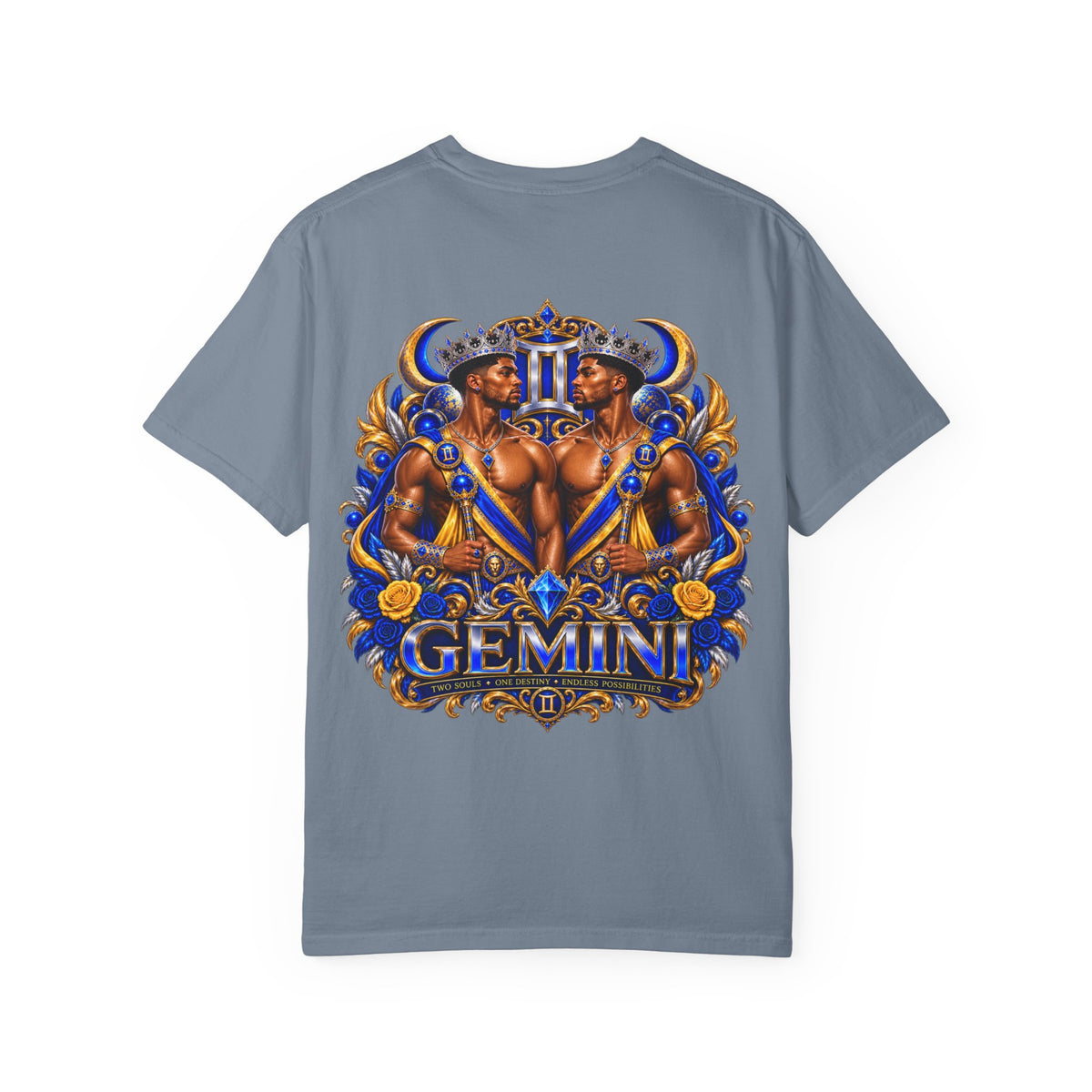 Gemini Zodiac T-Shirt — Bold Blue & Gold Twin Portrait Tee