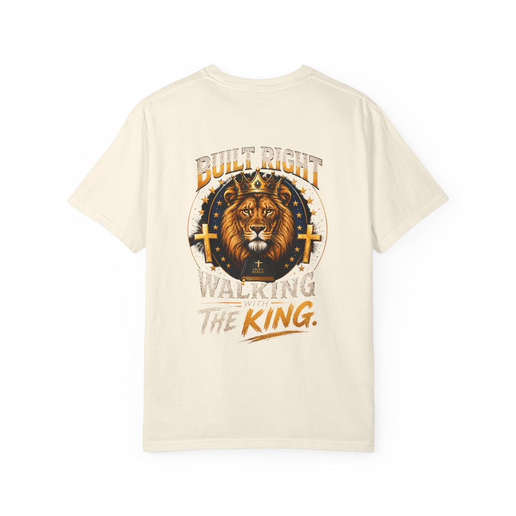 Lion King Graphic T-Shirt — "Built Right Walking the King" Christian Faith Tee