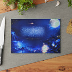 Moonlit Fantasy Glass Cutting Board — Blue Nightscape Lakeside Design