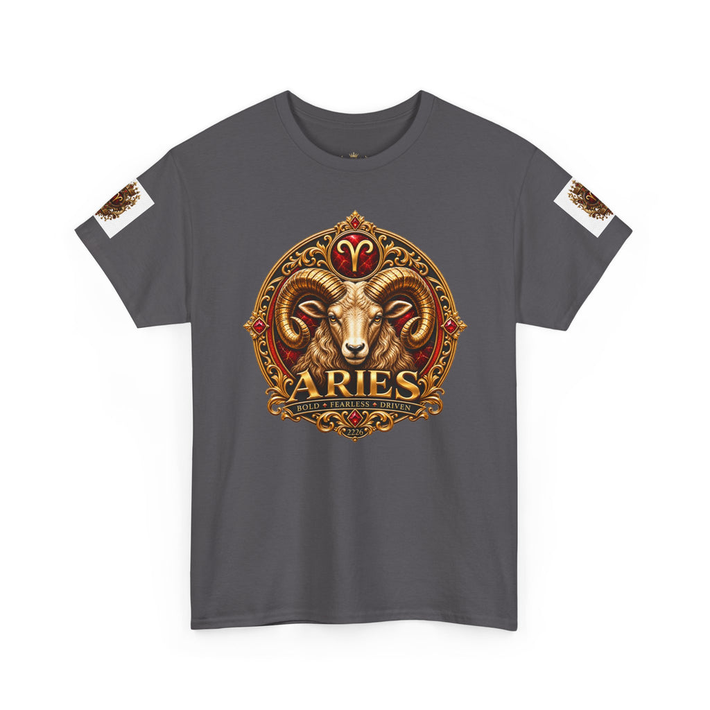 Aries Zodiac T‑Shirt — Mythic Ram Astrology Tee with 'ARIES' Emblem