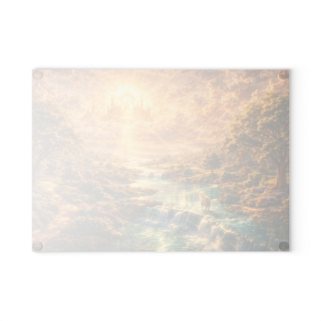 Glass Cutting Board — Serene Heavenly Landscape with River & Deer