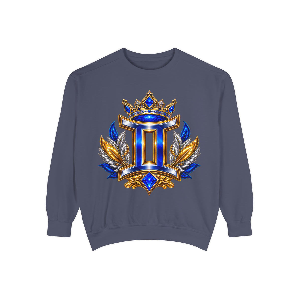 Gemini Zodiac Sweatshirt — Royal Blue & Gold Twin Symbol Crewneck