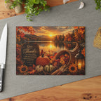 Thankful Harvest Glass Cutting Board — Autumn Cornucopia with "Give Thanks" Scripture