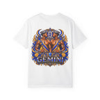 Gemini Zodiac T-Shirt — Bold Blue & Gold Twin Portrait Tee