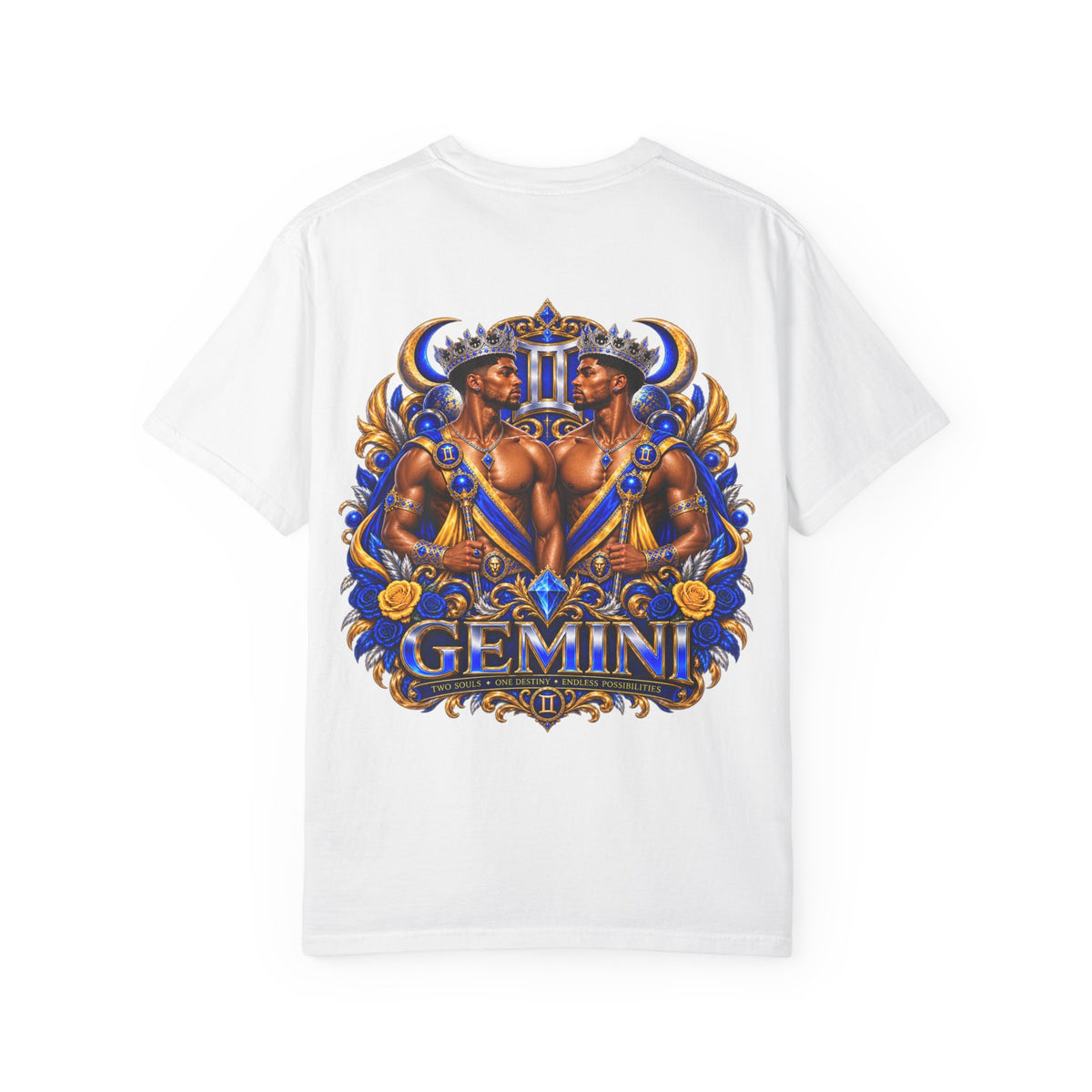 Gemini Zodiac T-Shirt — Bold Blue & Gold Twin Portrait Tee