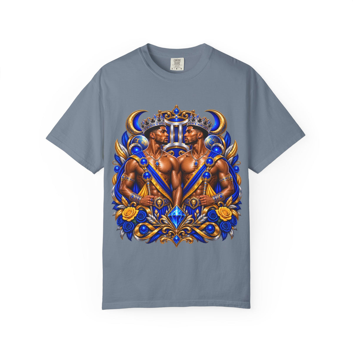 Gemini Zodiac T-Shirt — Bold Blue & Gold Twin Portrait Tee