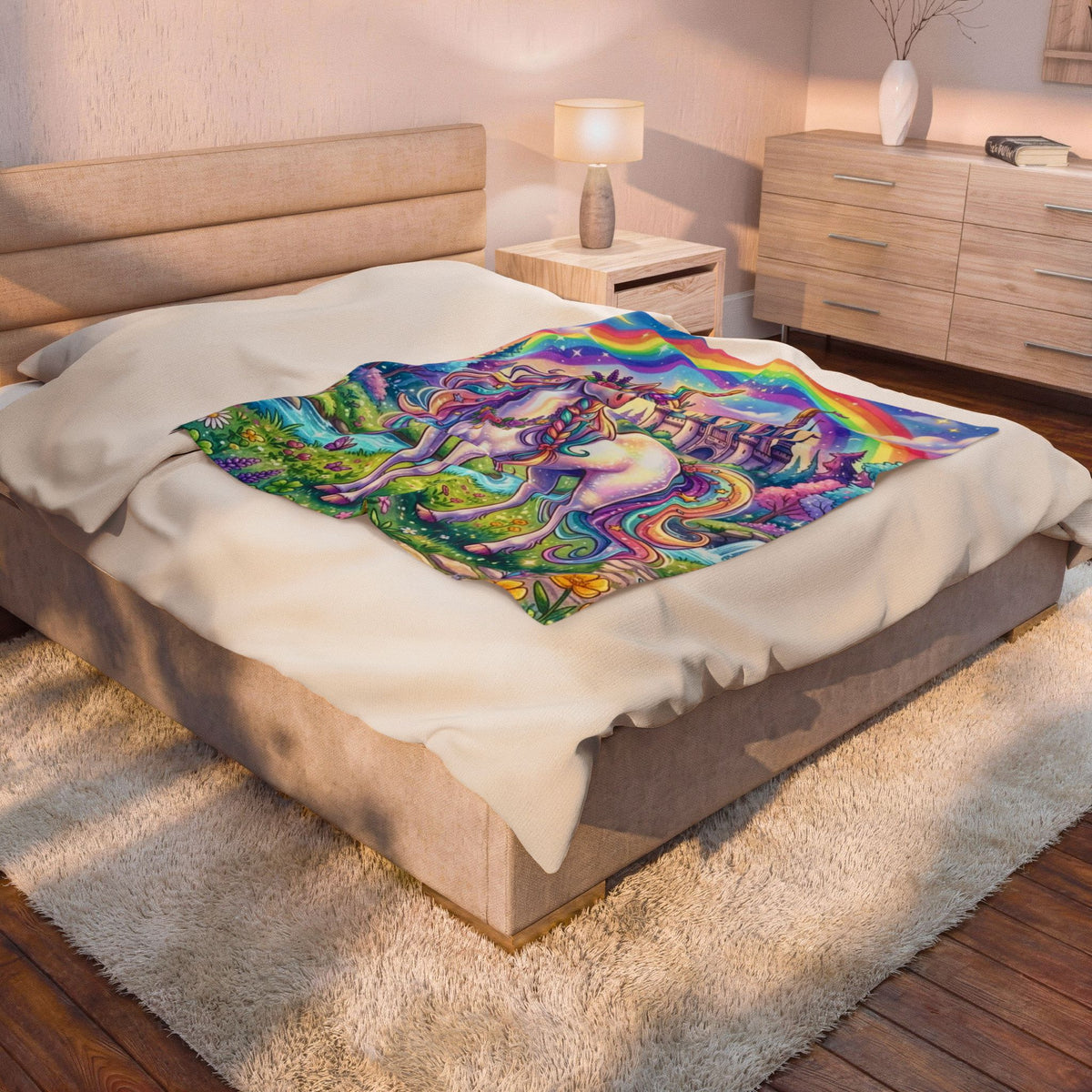 Unicorn Rainbow Velveteen Plush Blanket — Magical Castle Fantasy Throw for Kids