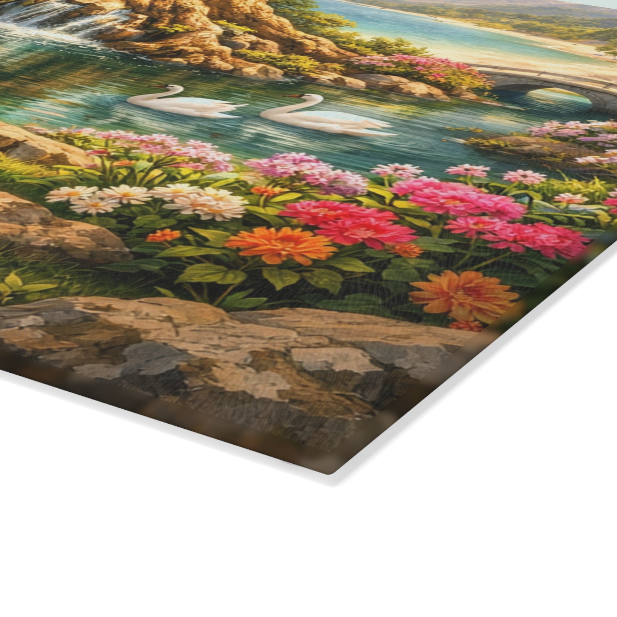 Glass Cutting Board — Serene Swan Lake Floral Landscape