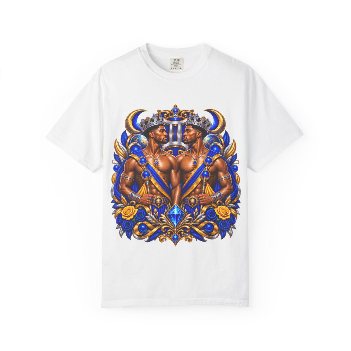 Gemini Zodiac T-Shirt — Bold Blue & Gold Twin Portrait Tee