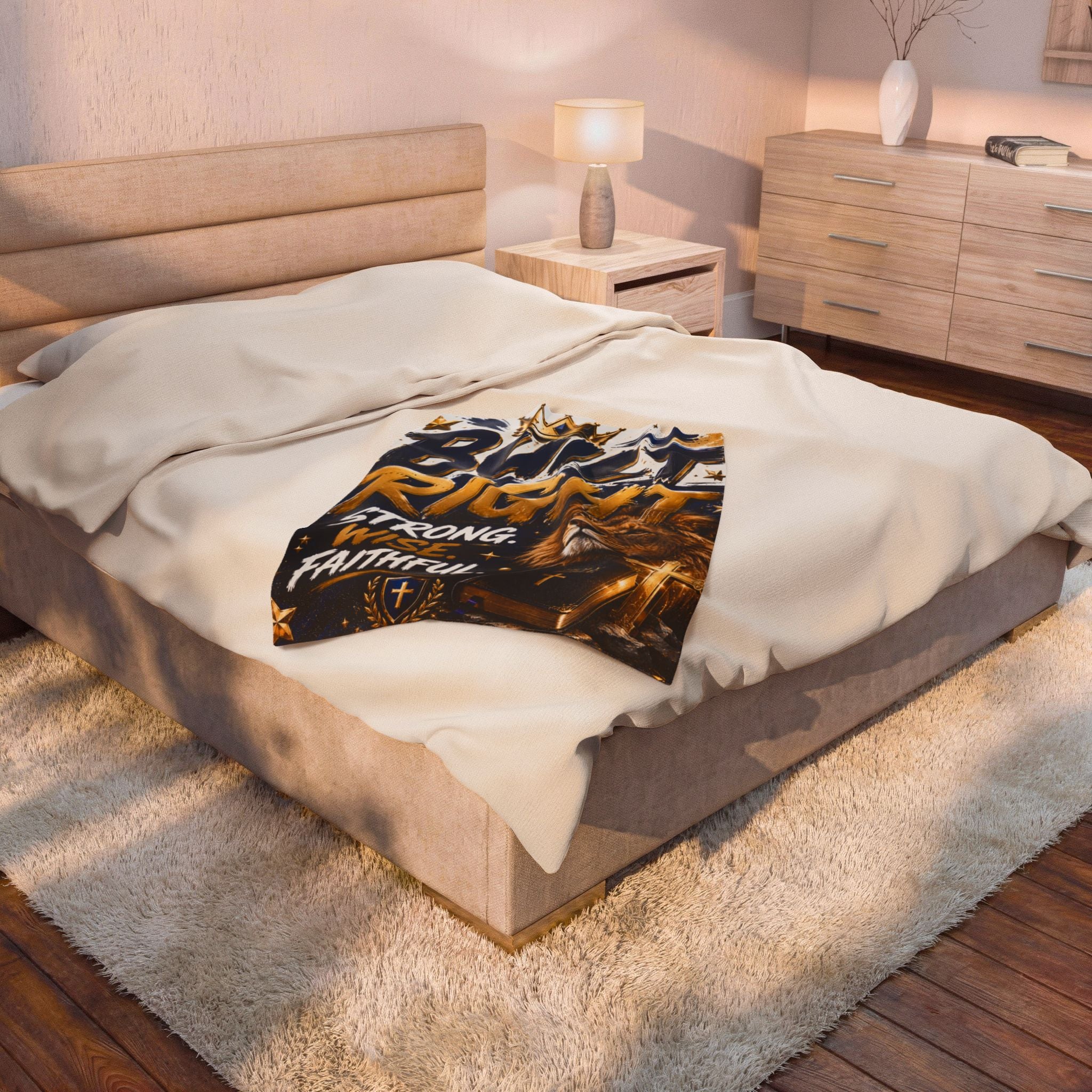 Built Right Velveteen Plush Blanket — Strong. Wise. Faithful. Lion & Bible Christian Throw