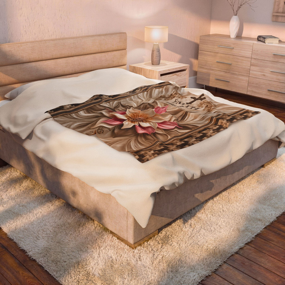 Faith Makes All Things Possible Velveteen Plush Blanket — Inspirational Floral Cross Throw
