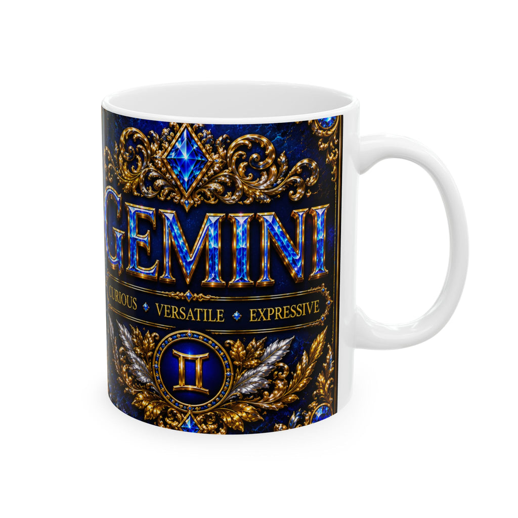 Zodiac Gemini Ceramic Mug — Mythic Blue Gold Astrology Coffee Cup (11oz & 15oz)