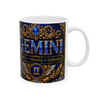 Zodiac Gemini Ceramic Mug — Mythic Blue Gold Astrology Coffee Cup (11oz & 15oz)