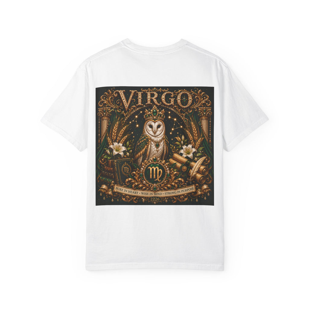 Virgo Zodiac T-Shirt — Elegant Virgo Goddess & Owl Horoscope Tee