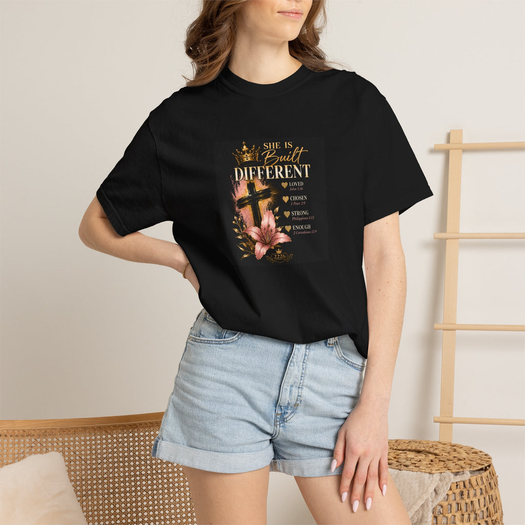 She Is Built Different Floral Cross Christian T-Shirt