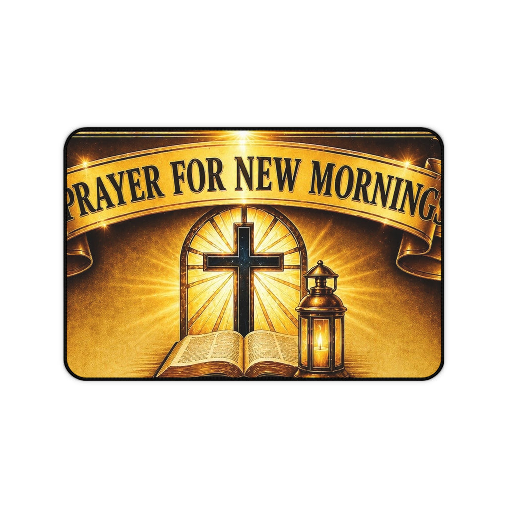 Prayer for New Morning Desk Mat — Christian Cross & Lantern Desk Pad