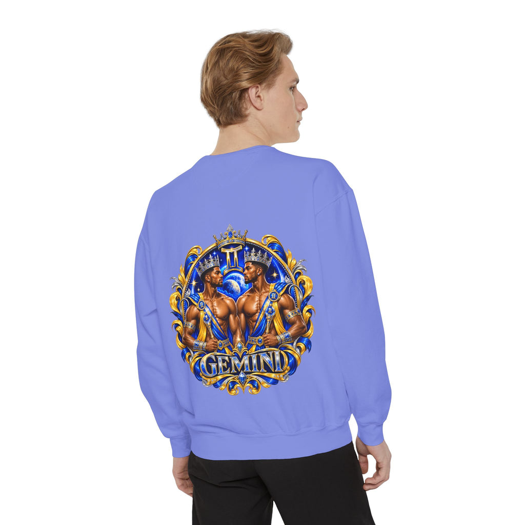 Gemini Zodiac Sweatshirt — Royal Blue & Gold Twin Symbol Crewneck