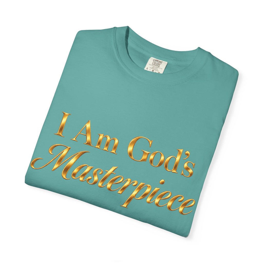 I Am God’s Masterpiece T-Shirt — Gold Script Faith Tee (Psalms 139:14)