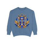 Gemini Zodiac Sweatshirt — Royal Blue & Gold Twin Symbol Crewneck