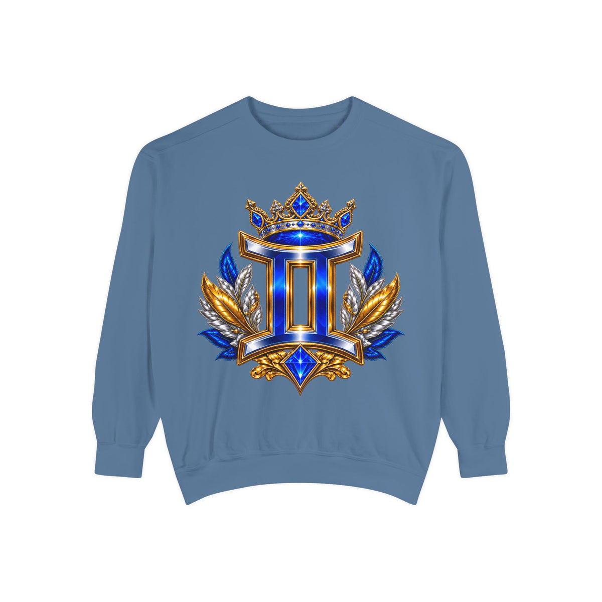 Gemini Zodiac Sweatshirt — Royal Blue & Gold Twin Symbol Crewneck