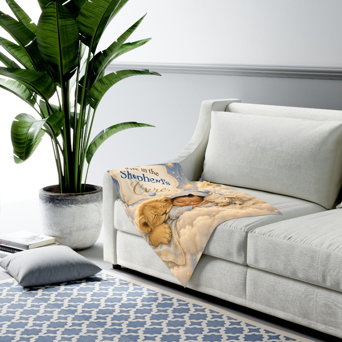 Christian Baby Swaddle Blanket — "Safe in the Shepherd’s Care" Moon & Lamb Nursery Blanket