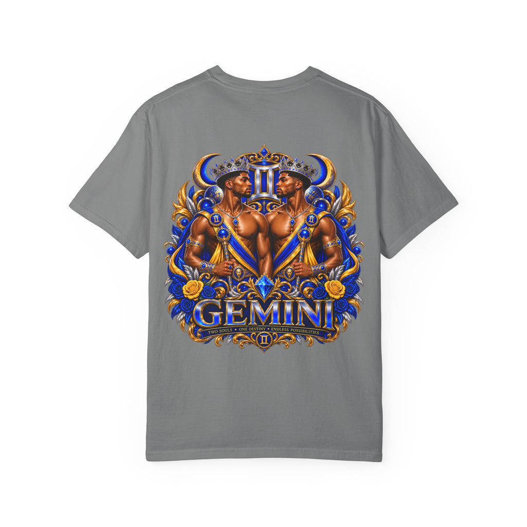 Gemini Zodiac T-Shirt — Bold Blue & Gold Twin Portrait Tee
