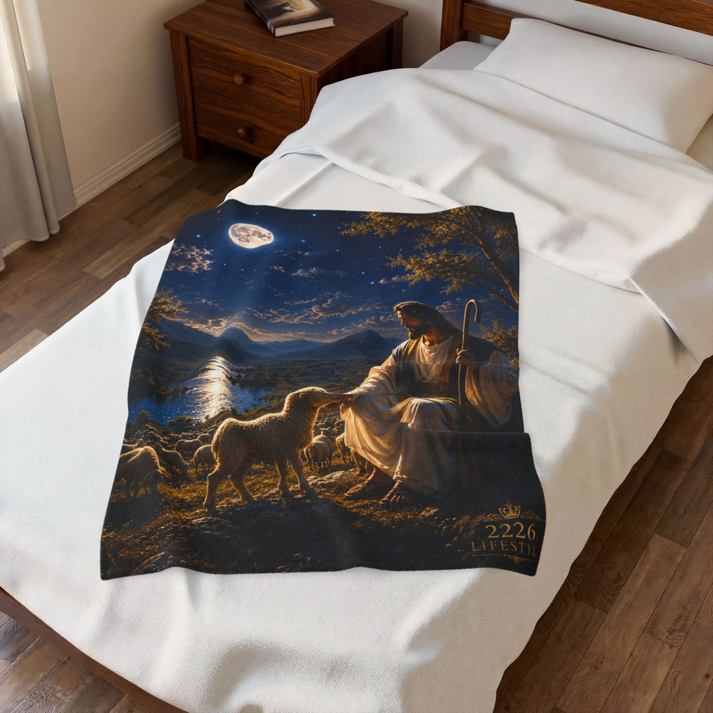 Velveteen Plush Blanket — "The Good Shepherd" Religious Throw (Jesus with Lambs, Moonlit Scene)