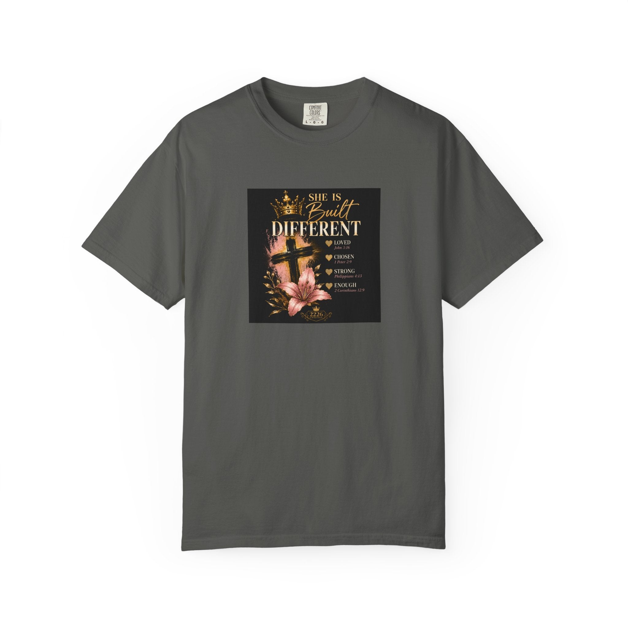 2226 Lifestyle T-Shirt — "She Is Built Different" Cross Floral Christian Tee