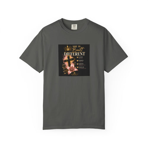 2226 Lifestyle T-Shirt — "She Is Built Different" Cross Floral Christian Tee
