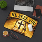 He Sees You Christian Desk Mat — Cross, Bible & Lantern Faith Mouse Pad