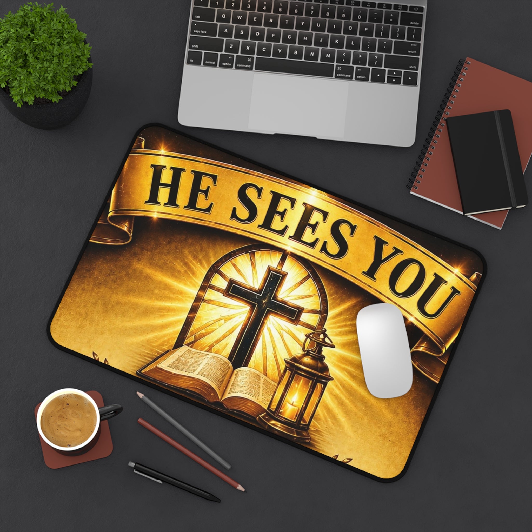 He Sees You Christian Desk Mat — Cross, Bible & Lantern Faith Mouse Pad