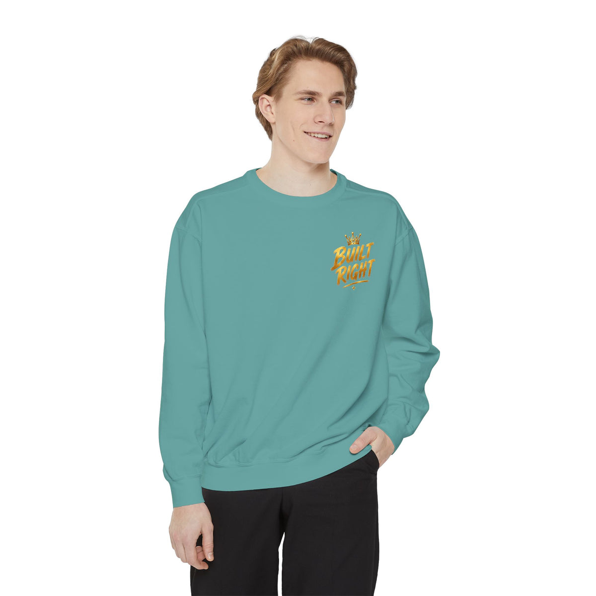 Built Right Sweatshirt — "Built Right: Beautiful. Brilliant." Gold Script Crewneck